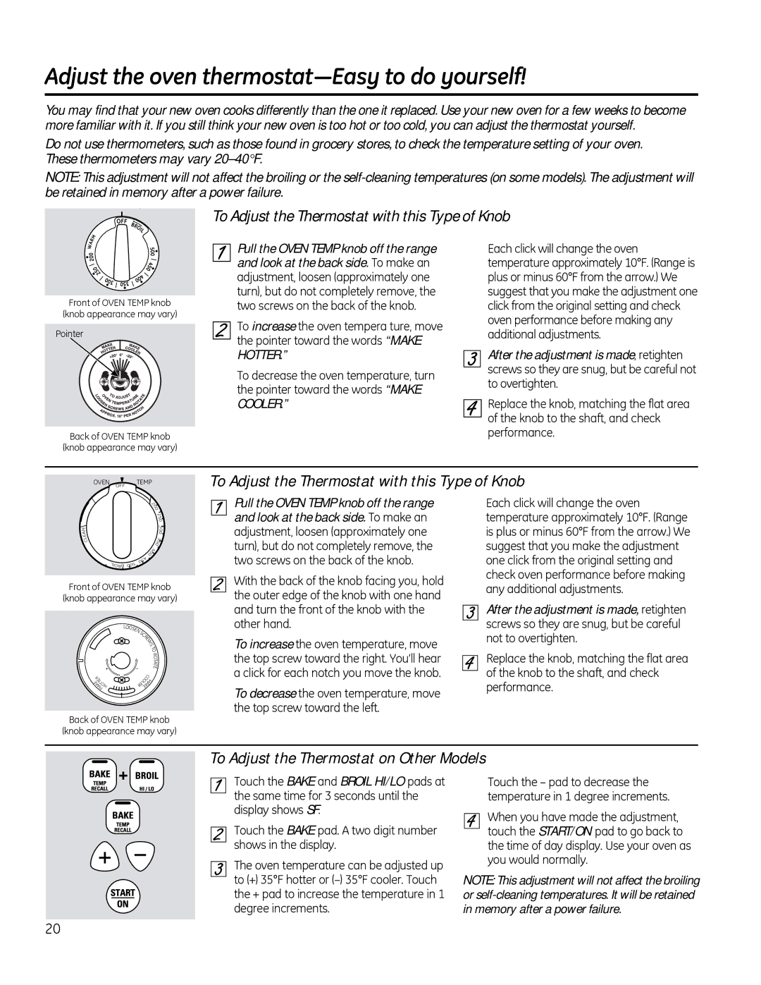 GE RB792, JBS56, JBS27SI, JBS27DI To Adjust the Thermostat with this Type of Knob, To Adjust the Thermostat on Other Models 