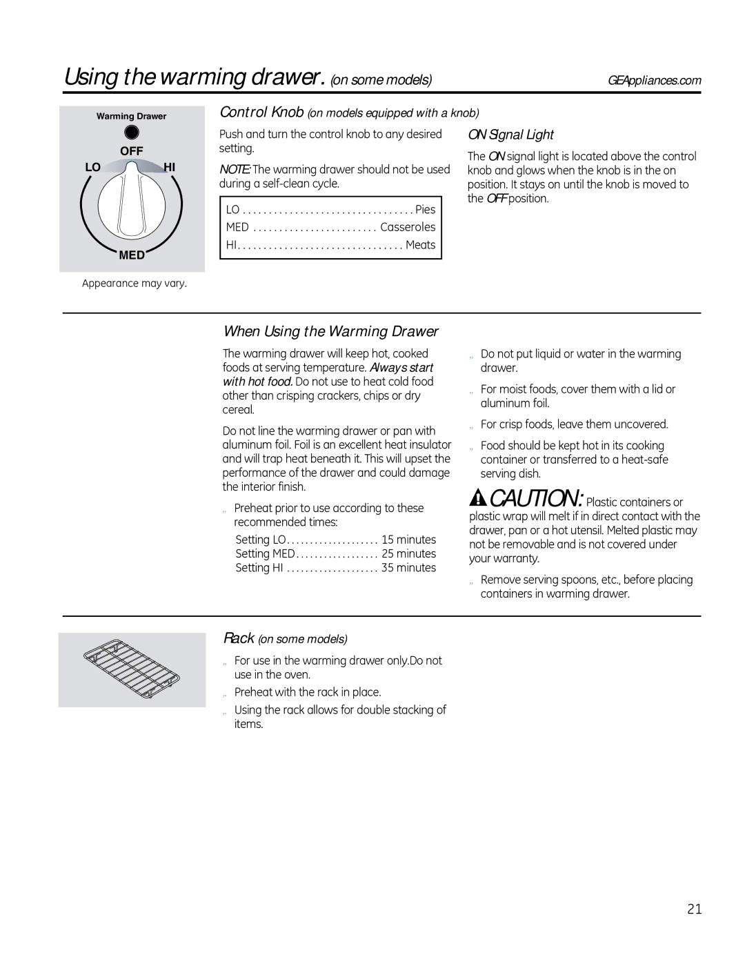 GE RB525 Using the warming drawer. on some models, When Using the Warming Drawer, On Signal Light, Rack on some models 