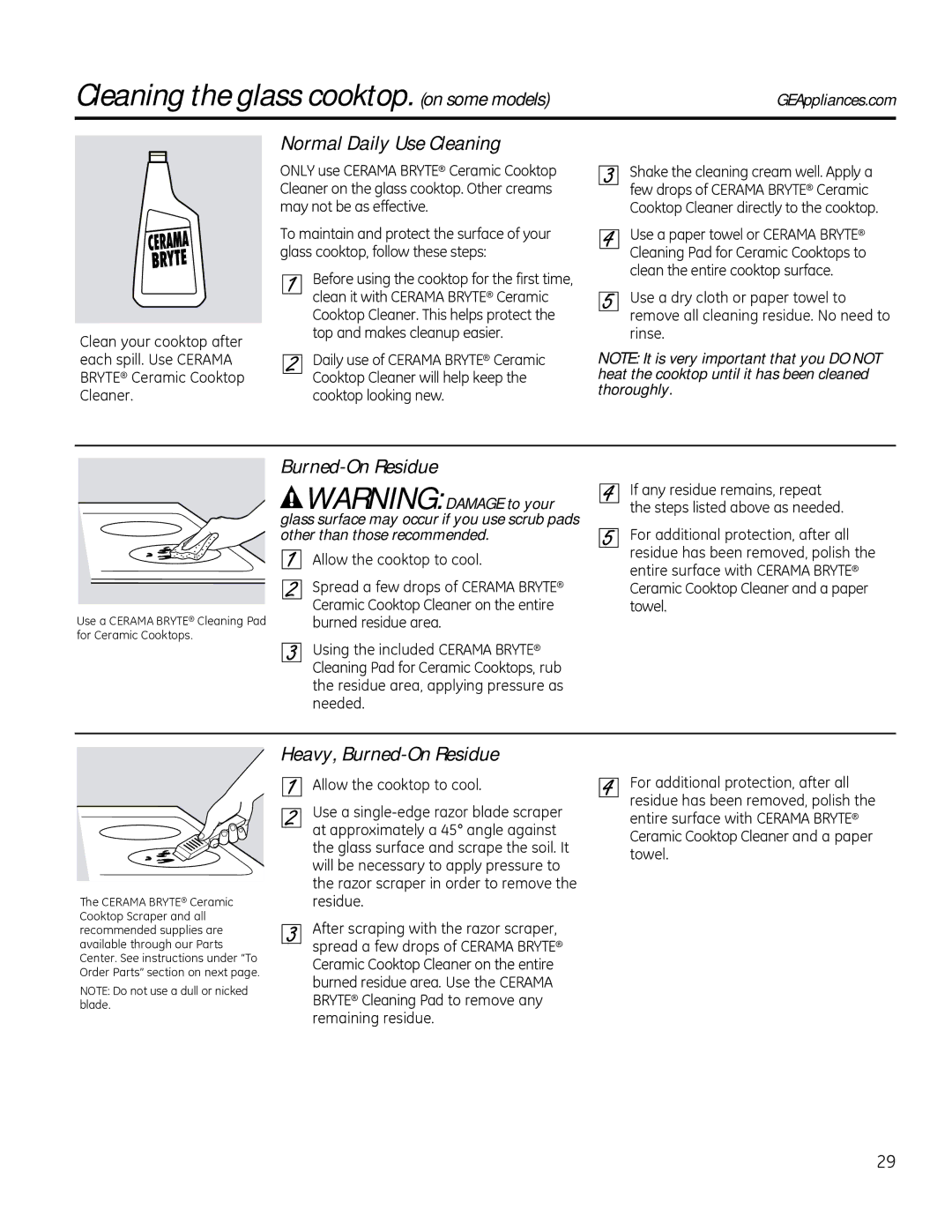 GE JBP61, JBS56, JBS27SI, JBS27DI Cleaning the glass cooktop. on some models, Normal Daily Use Cleaning, Burned-On Residue 