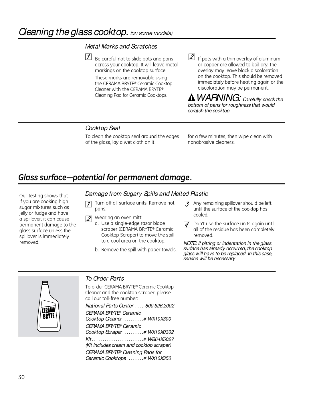 GE JBP15, JBS56 manual Metal Marks and Scratches, Cooktop Seal, Damage from Sugary Spills and Melted Plastic, To Order Parts 