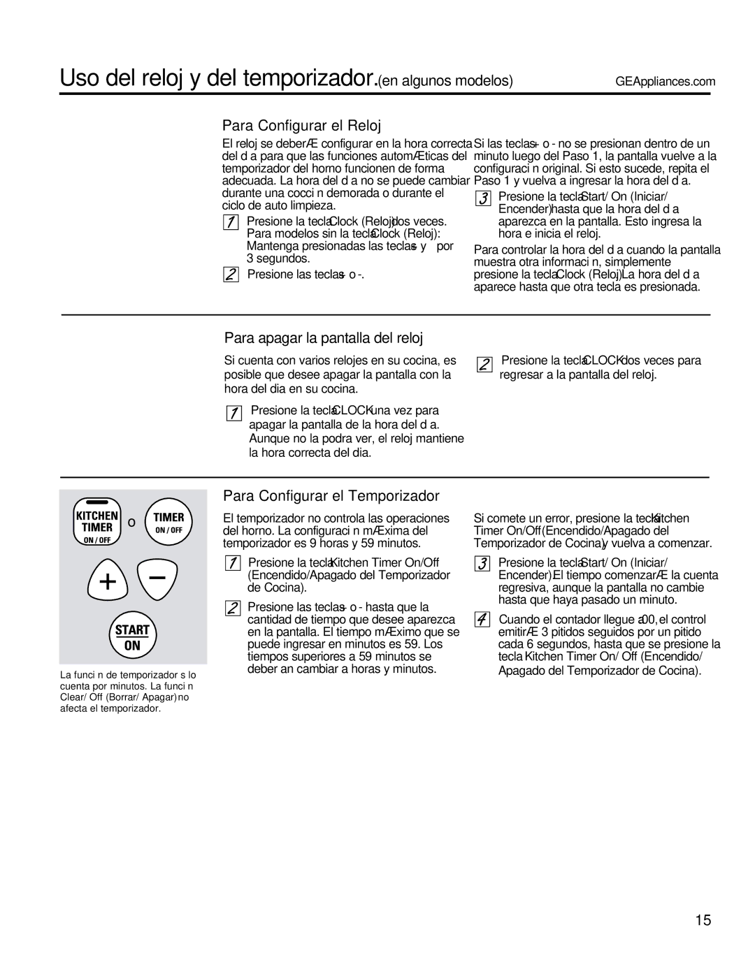 GE JBP22 Uso del reloj y del temporizador. en algunos modelos, Para Configurar el Reloj, Para apagar la pantalla del reloj 