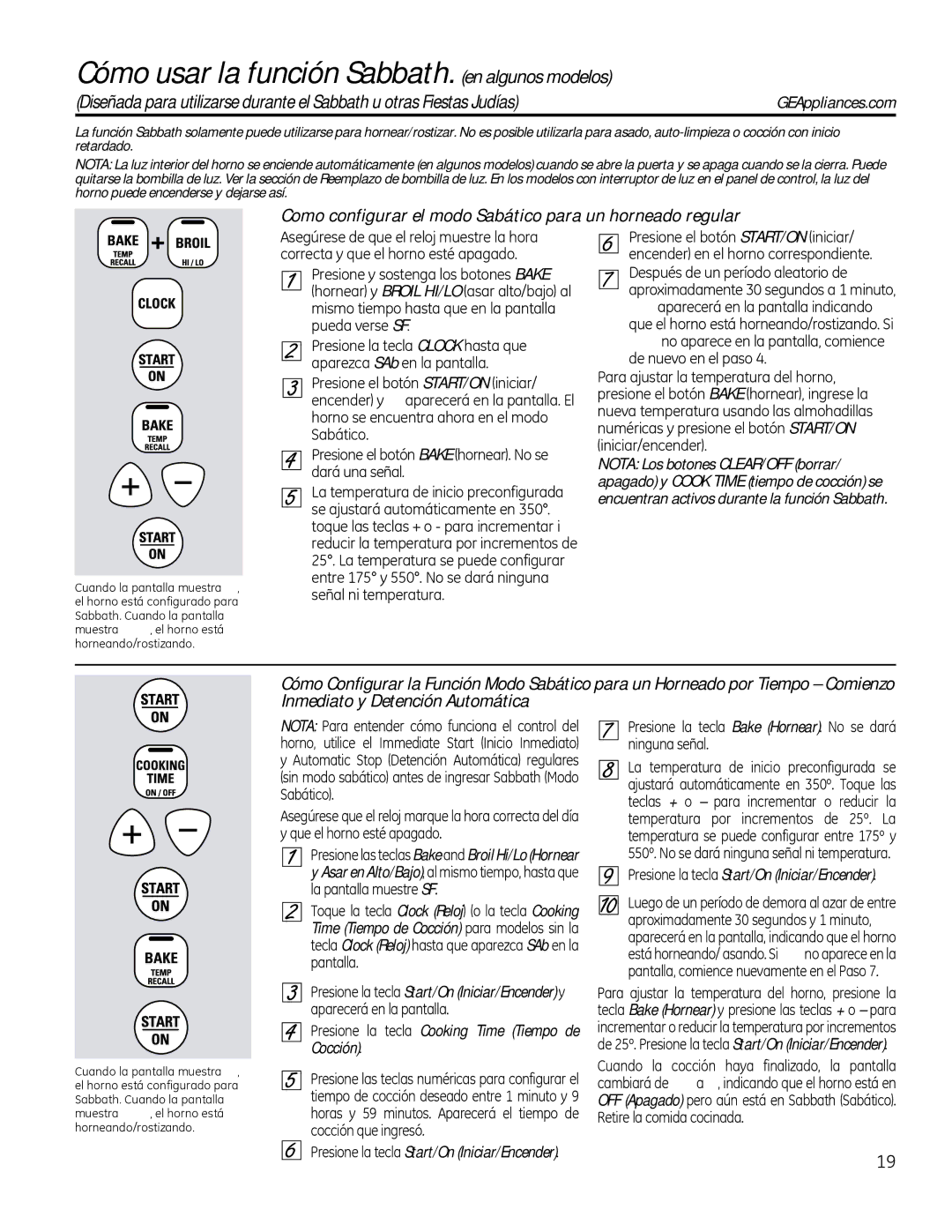 GE RB758 manual Cómo usar la función Sabbath. en algunos modelos, Como configurar el modo Sabático para un horneado regular 