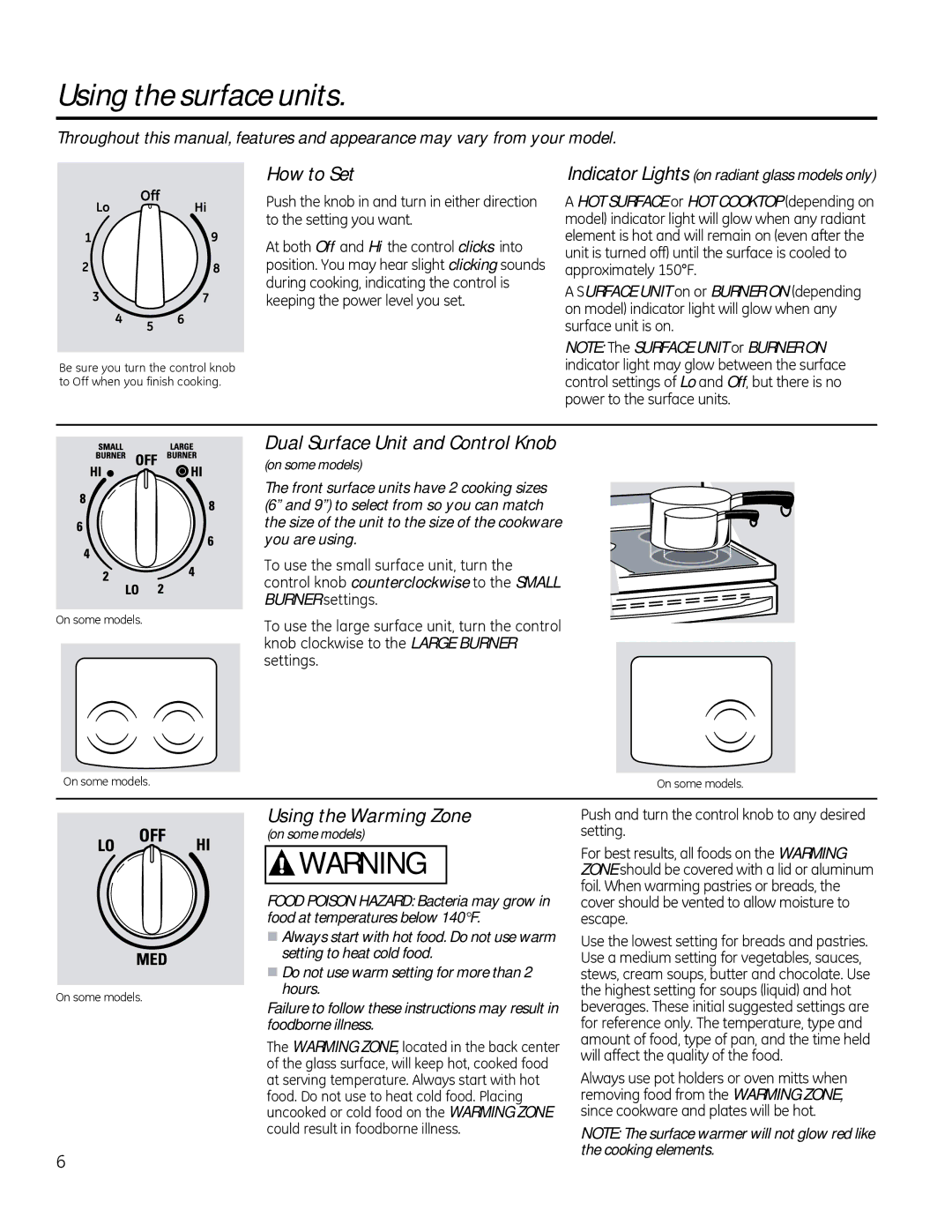 GE JBS15, JBS56, JBS27SI Using the surface units, How to Set, Dual Surface Unit and Control Knob, Using the Warming Zone 