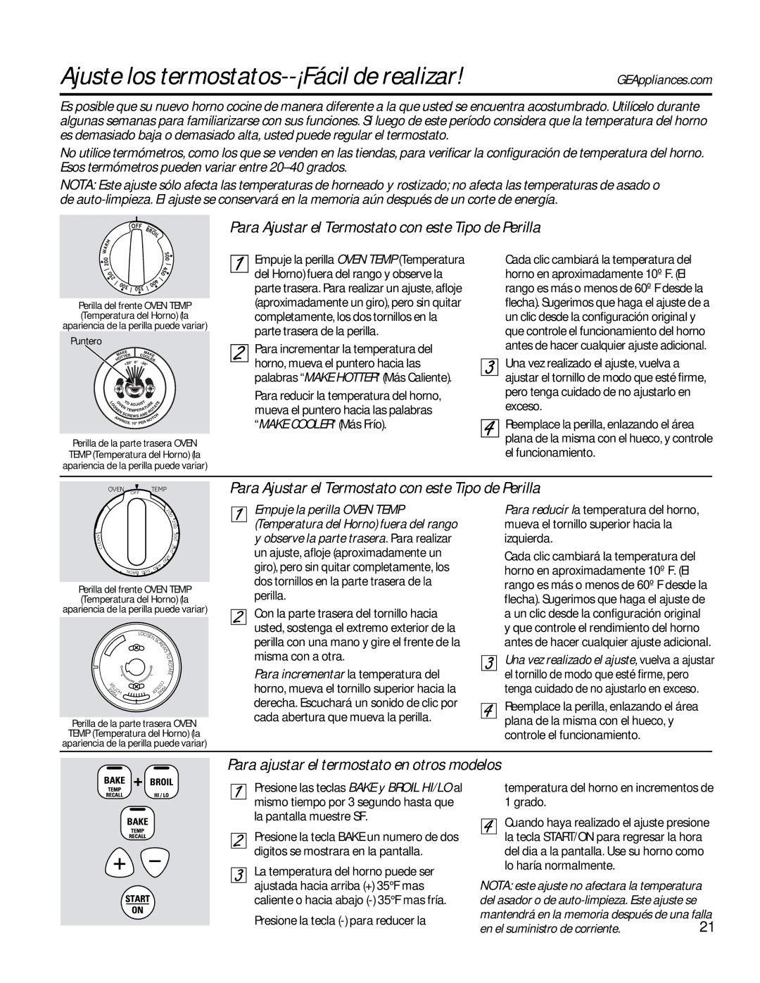 GE RB800, JBS56, JBS27SI Ajuste los termostatos--¡Fácil de realizar, Para Ajustar el Termostato con este Tipo de Perilla 