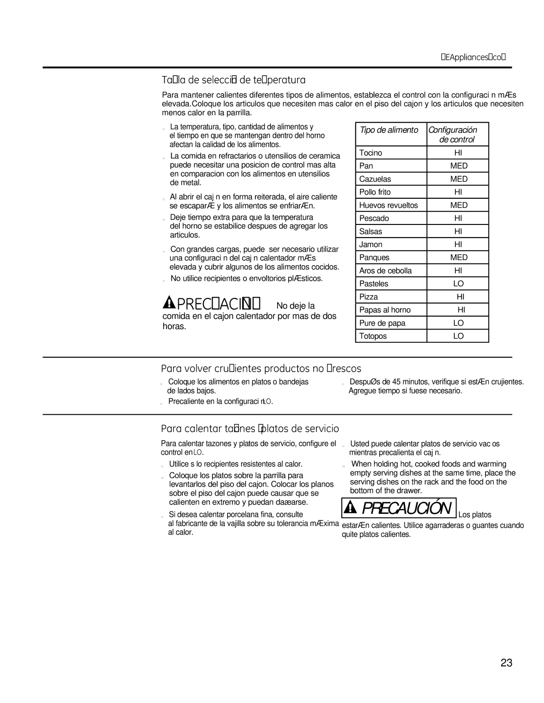 GE RB790, JBS56 manual Precuación No deje la, Tabla de selección de temperatura, Para volver crujientes productos no frescos 