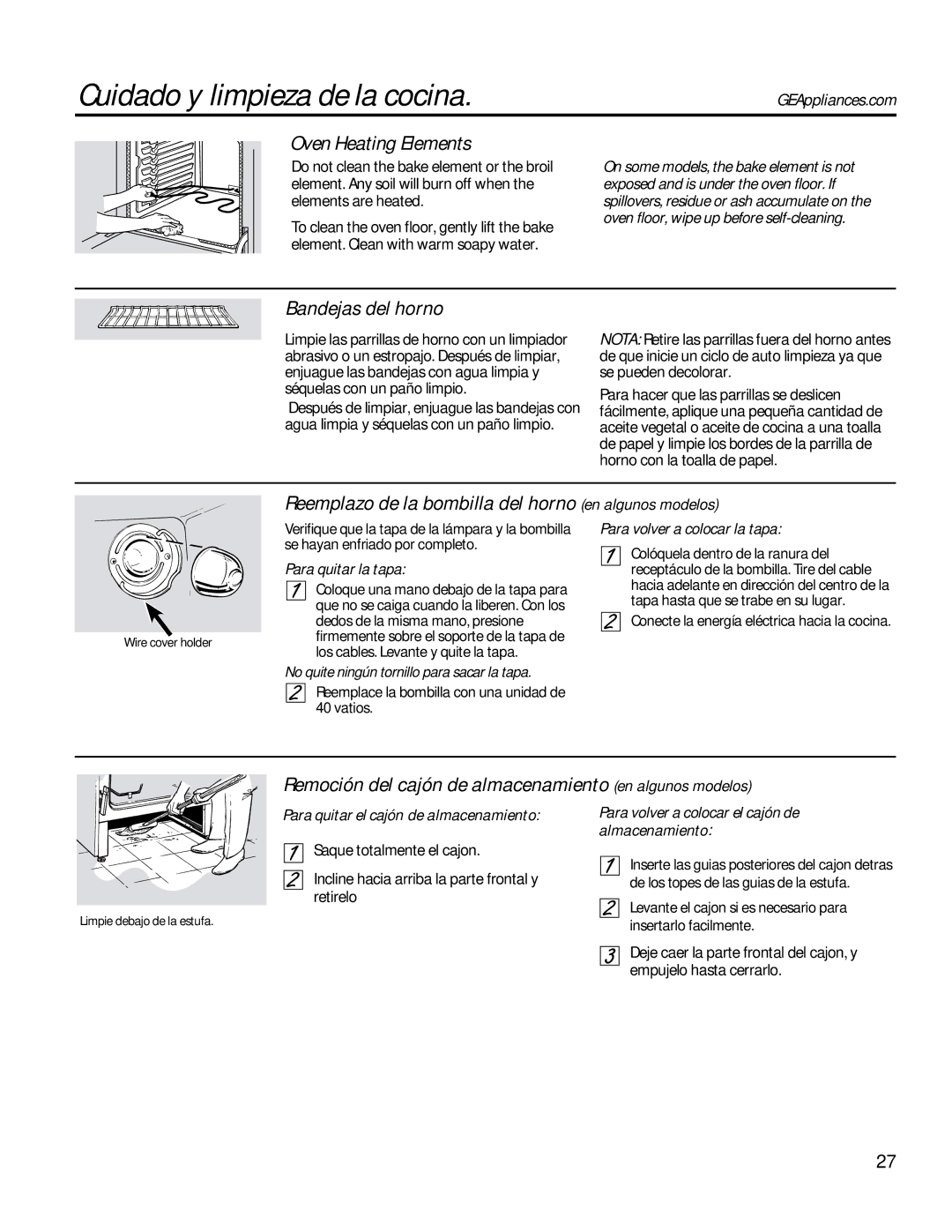 GE JBS27SI, JBS56 Cuidado y limpieza de la cocina, Bandejas del horno, Para quitar la tapa, Para volver a colocar la tapa 