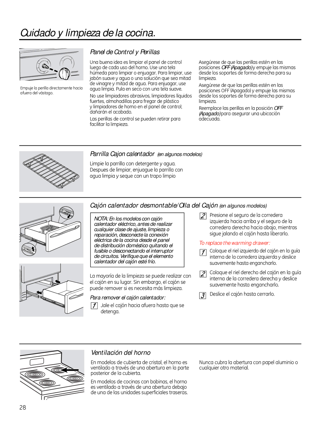 GE JBS56, JBS27SI manual Panel de Control y Perillas, Parrilla Cajon calentador en algunos modelos, Ventilación del horno 