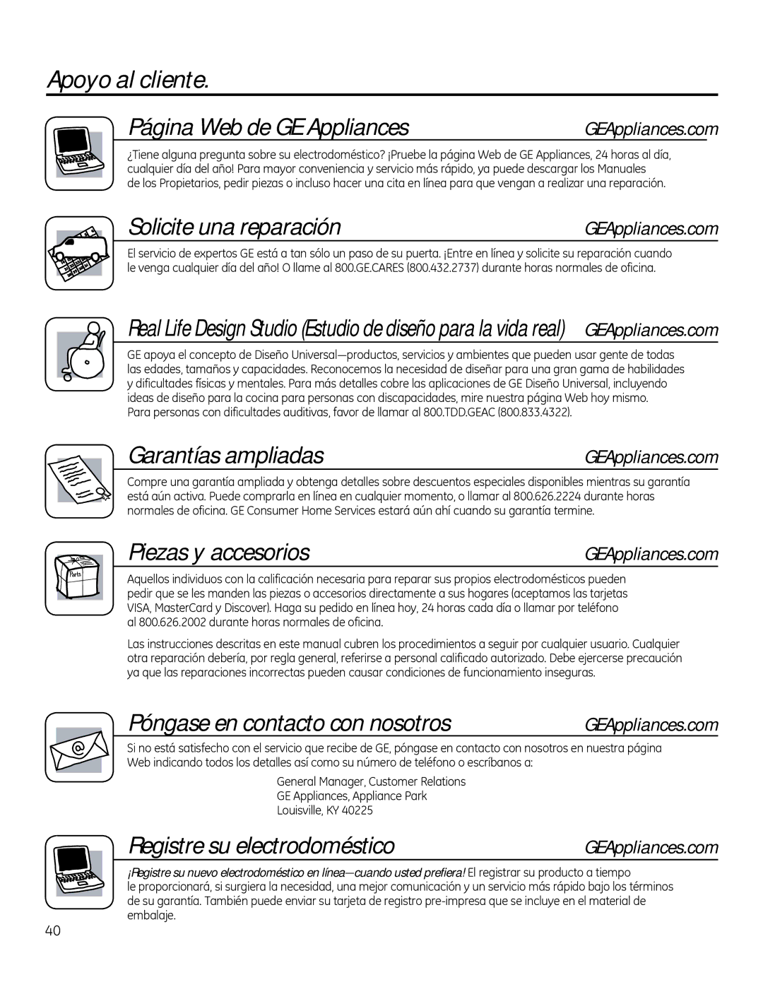 GE RB536 Apoyo al cliente Página Web de GE Appliances, Solicite una reparación, Garantías ampliadas, Piezas y accesorios 