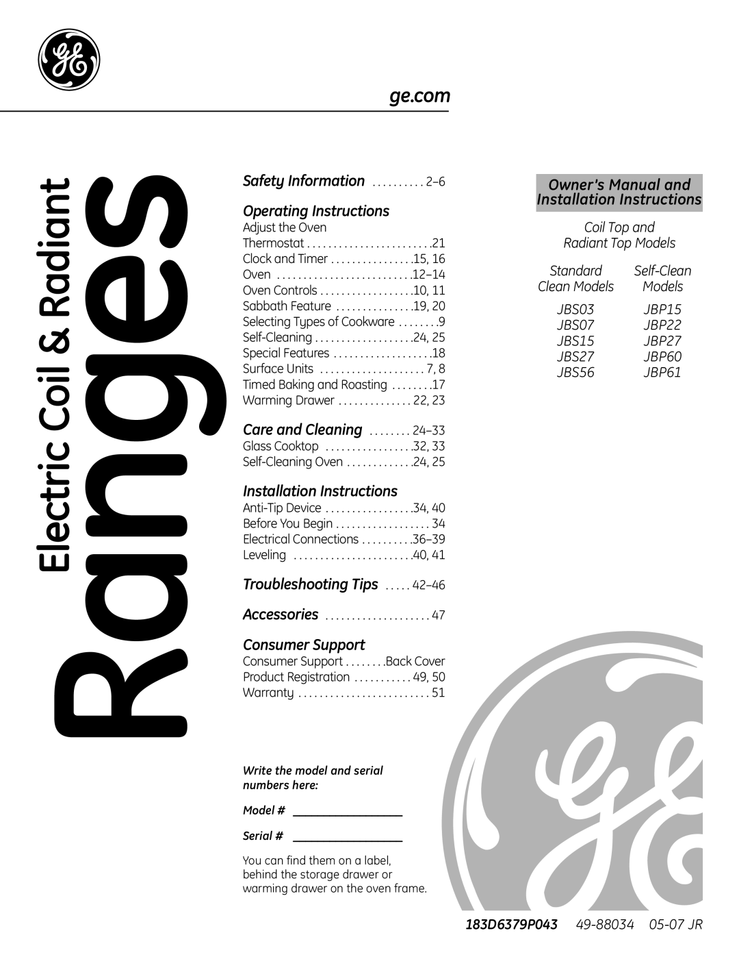 GE JBS56 installation instructions Ge.com, Write the model and serial numbers here Model # Serial # 