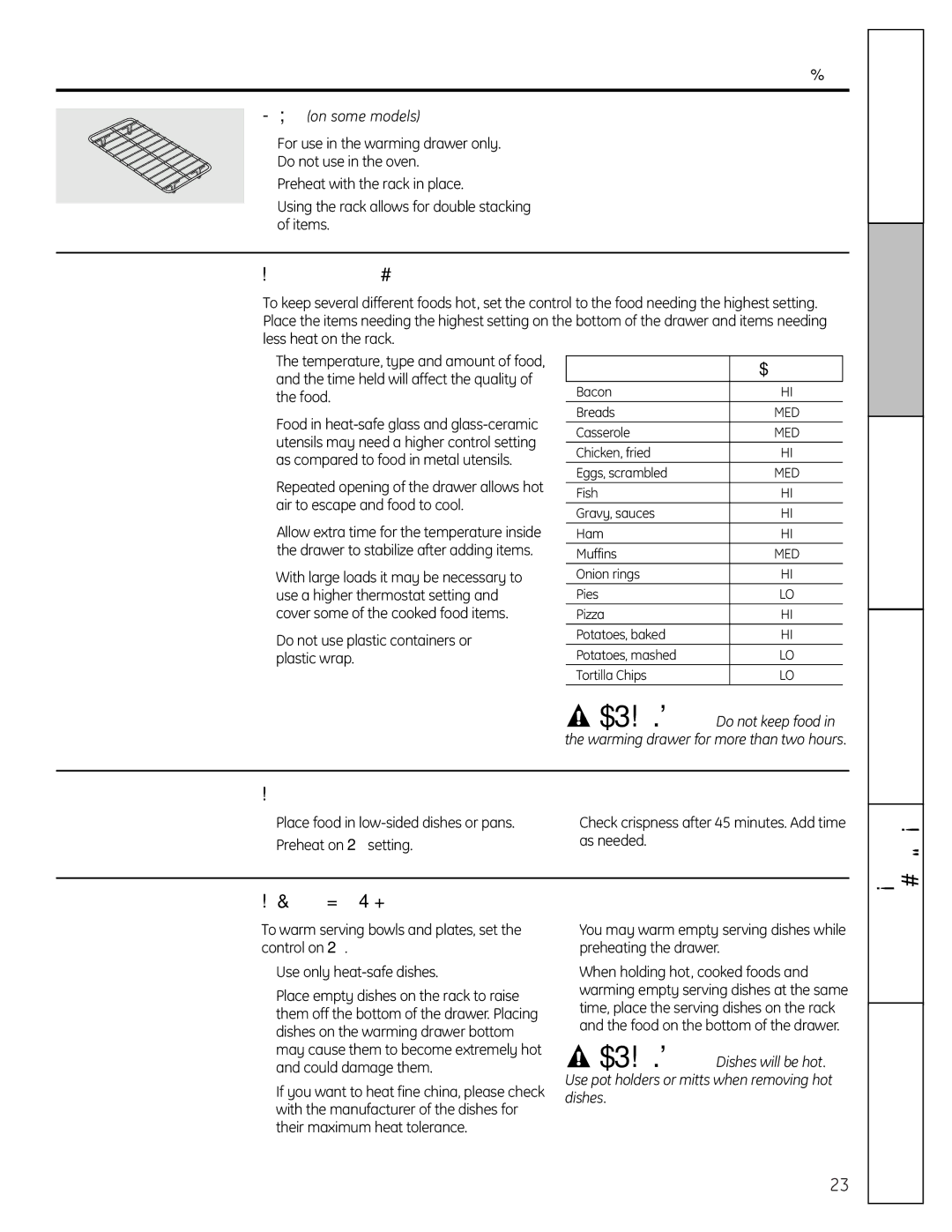 GE JBS56 Temperature Selection Chart, To Crisp Stale Items, To Warm Serving Bowls and Plates, Food Type 