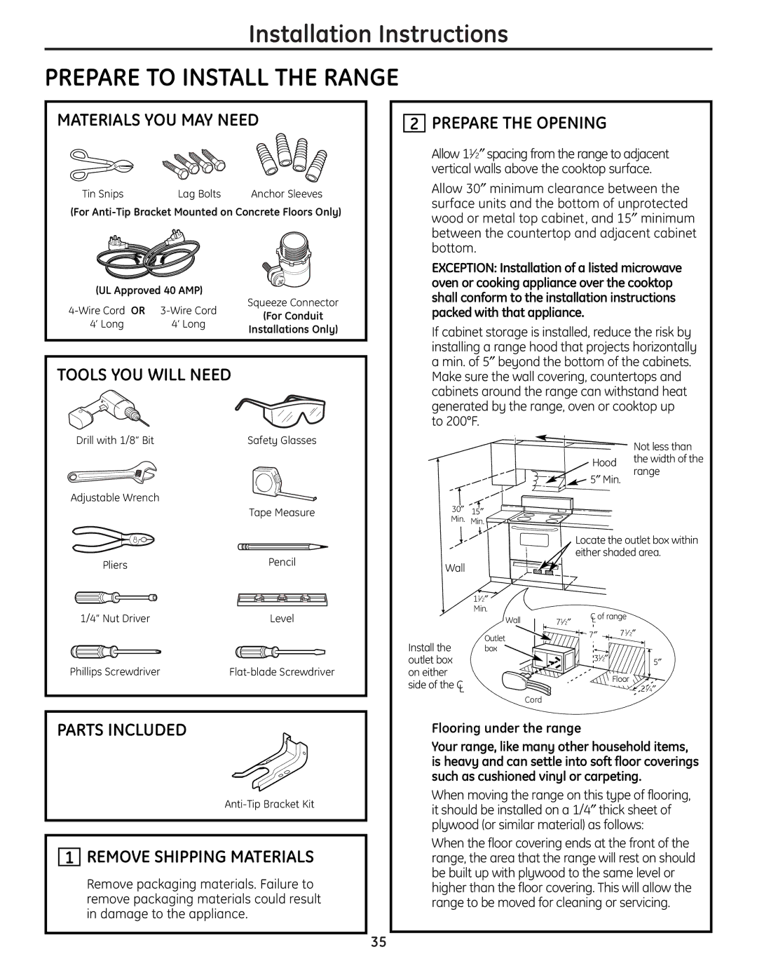 GE JBS56 Materials YOU MAY Need, Tools YOU will Need, Prepare the Opening, Parts Included, Remove Shipping Materials 