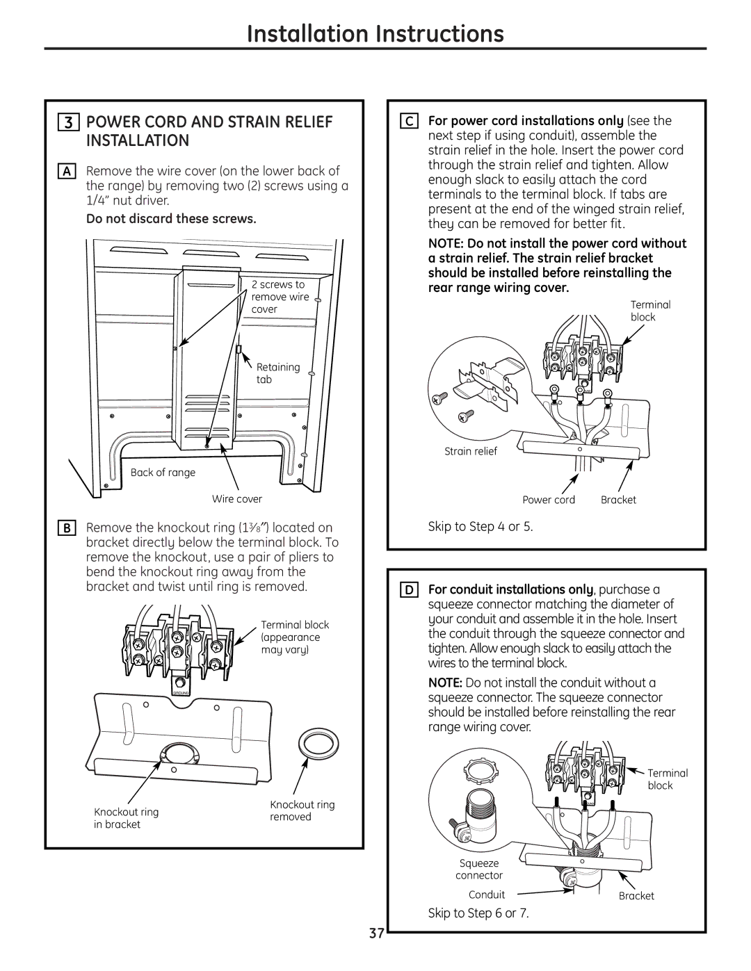 GE JBS56 installation instructions Power Cord and Strain Relief Installation, Do not discard these screws 