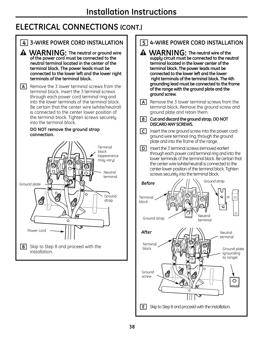 GE JBS56 installation instructions Wire Power Cord Installation, Do not remove the ground strap connection 