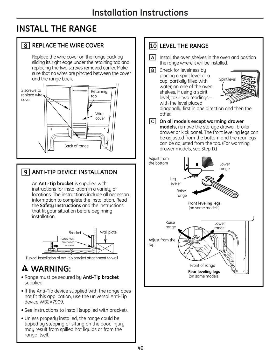 GE JBS56 installation instructions Replace the Wire Cover, ANTI-TIP Device Installation, Level the Range 