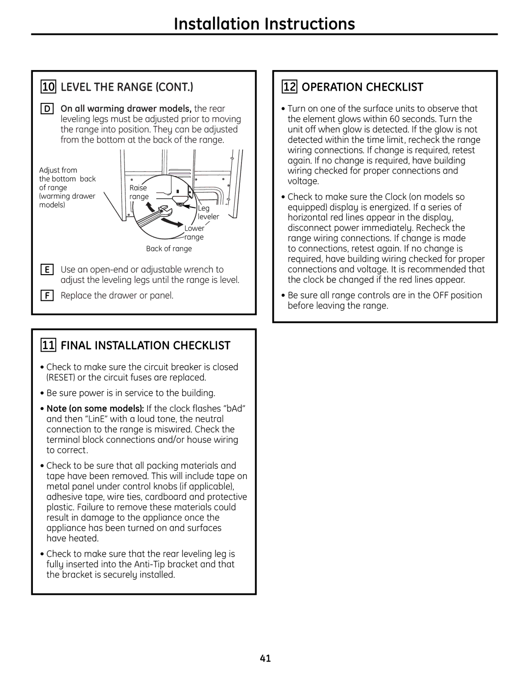 GE JBS56 installation instructions Final Installation Checklist, Operation Checklist 