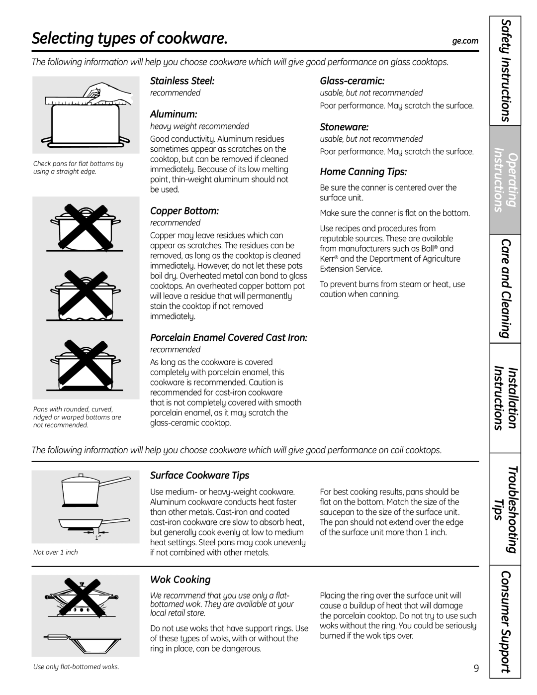 GE JBS56 installation instructions Selecting types of cookware 