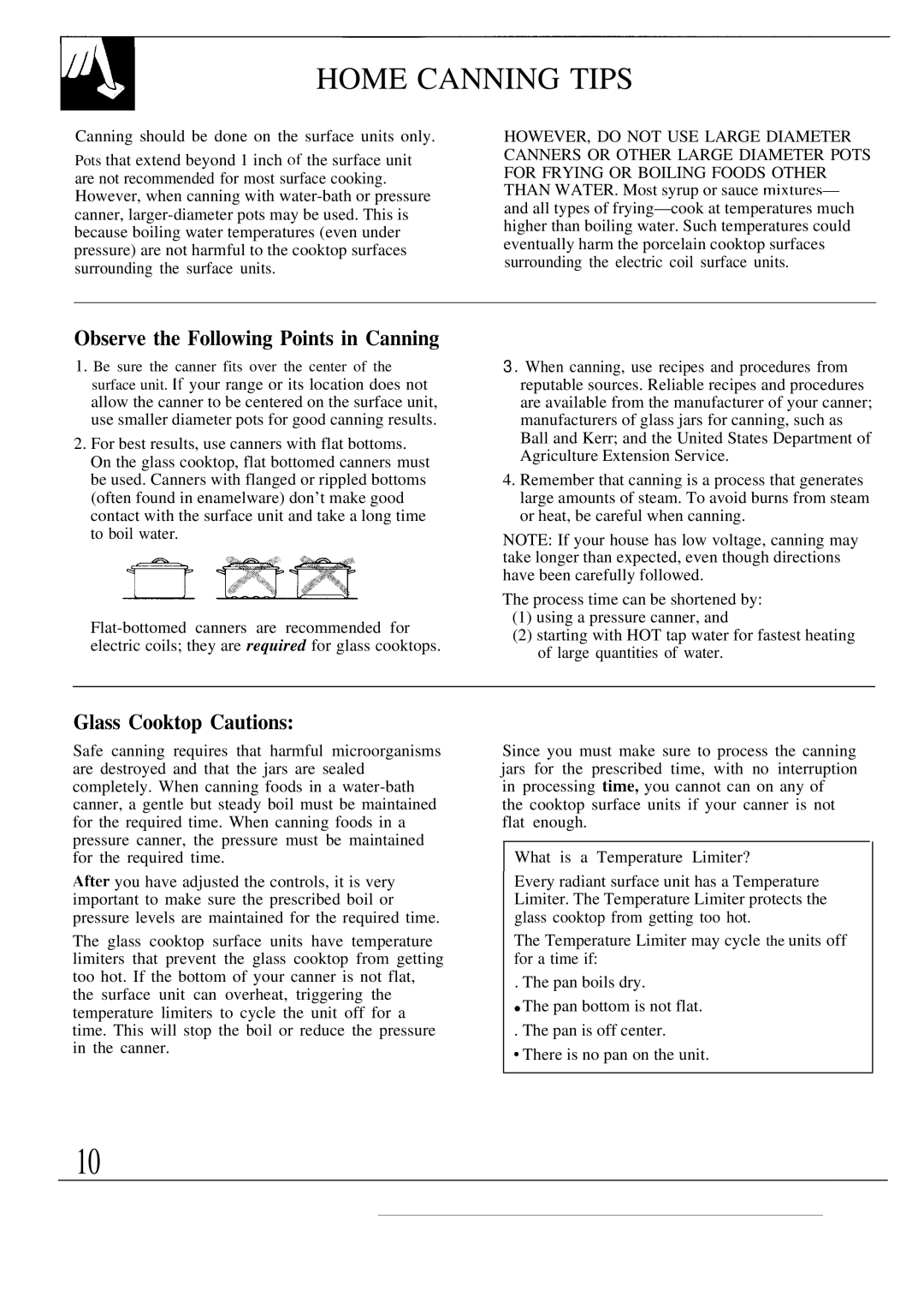 GE JBW3-4 warranty Home Canning Tips, Observe the Following Points in Canning, Glass Cooktop Cautions 