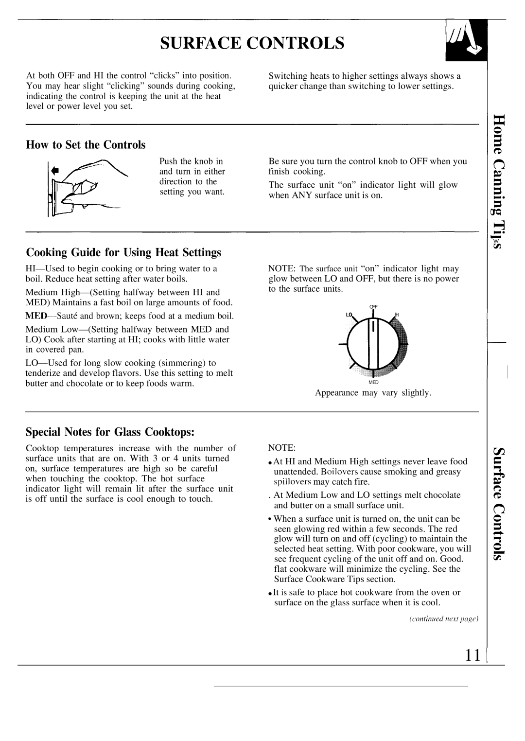 GE JBW3-4 warranty How to Set the Controls, Cooking Guide for Using Heat Settings, Special Notes for Glass Cooktops 