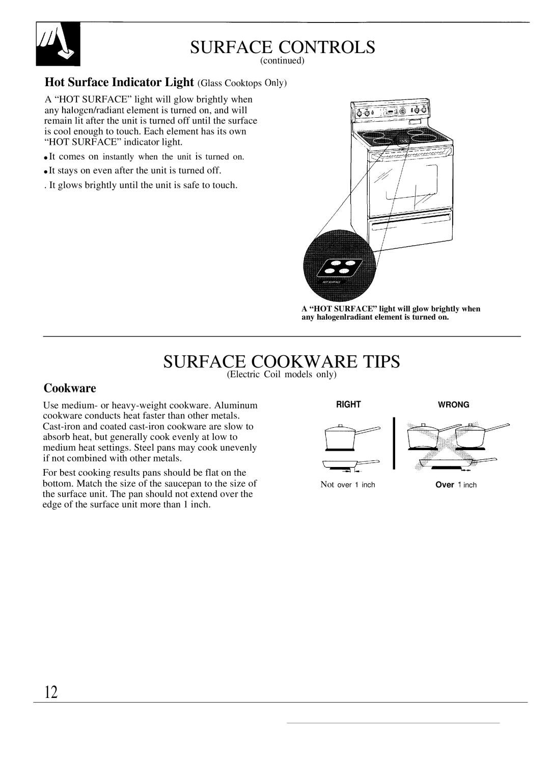 GE JBW3-4 warranty Surface Controls, Surface Cookware Tips, Hot Surface Indicator Light Glass Cooktops Only 