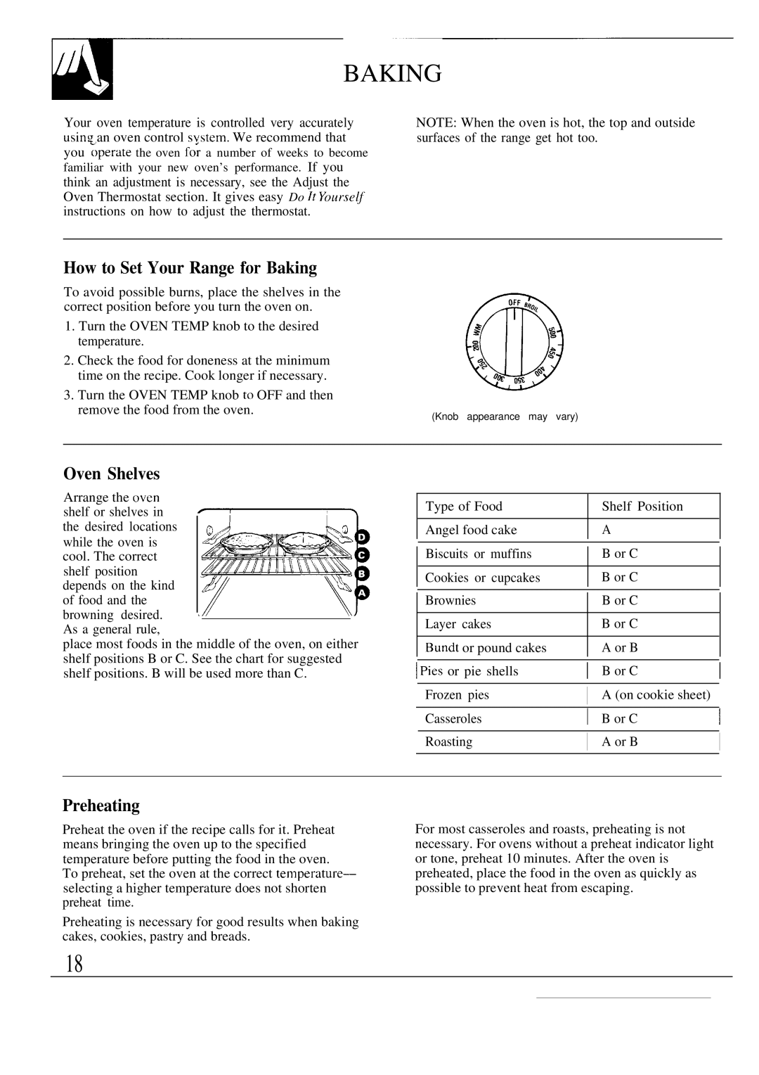 GE JBW3-4 warranty How to Set Your Range for Baking, Preheating 