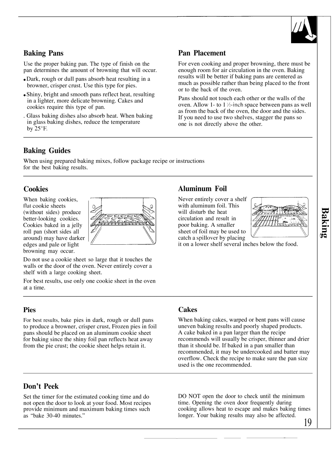 GE JBW3-4 warranty Baking Pans, Pan Placement, Baking Guides, Cookies, Aluminum Foil, Don’t Peek 