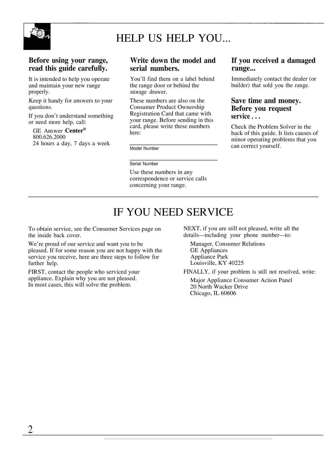 GE JBW3-4 Help US Help YOU, If YOU Need Service, Write down the model and serial numbers, If you received a damaged Range 