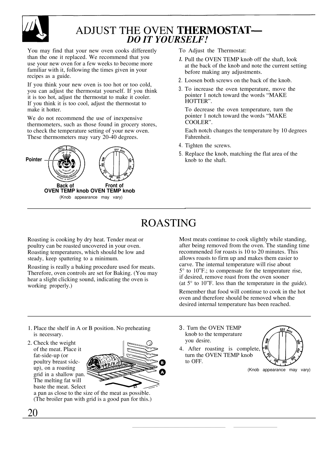 GE JBW3-4 warranty Adjust the Oven Thermostat, Roasting 