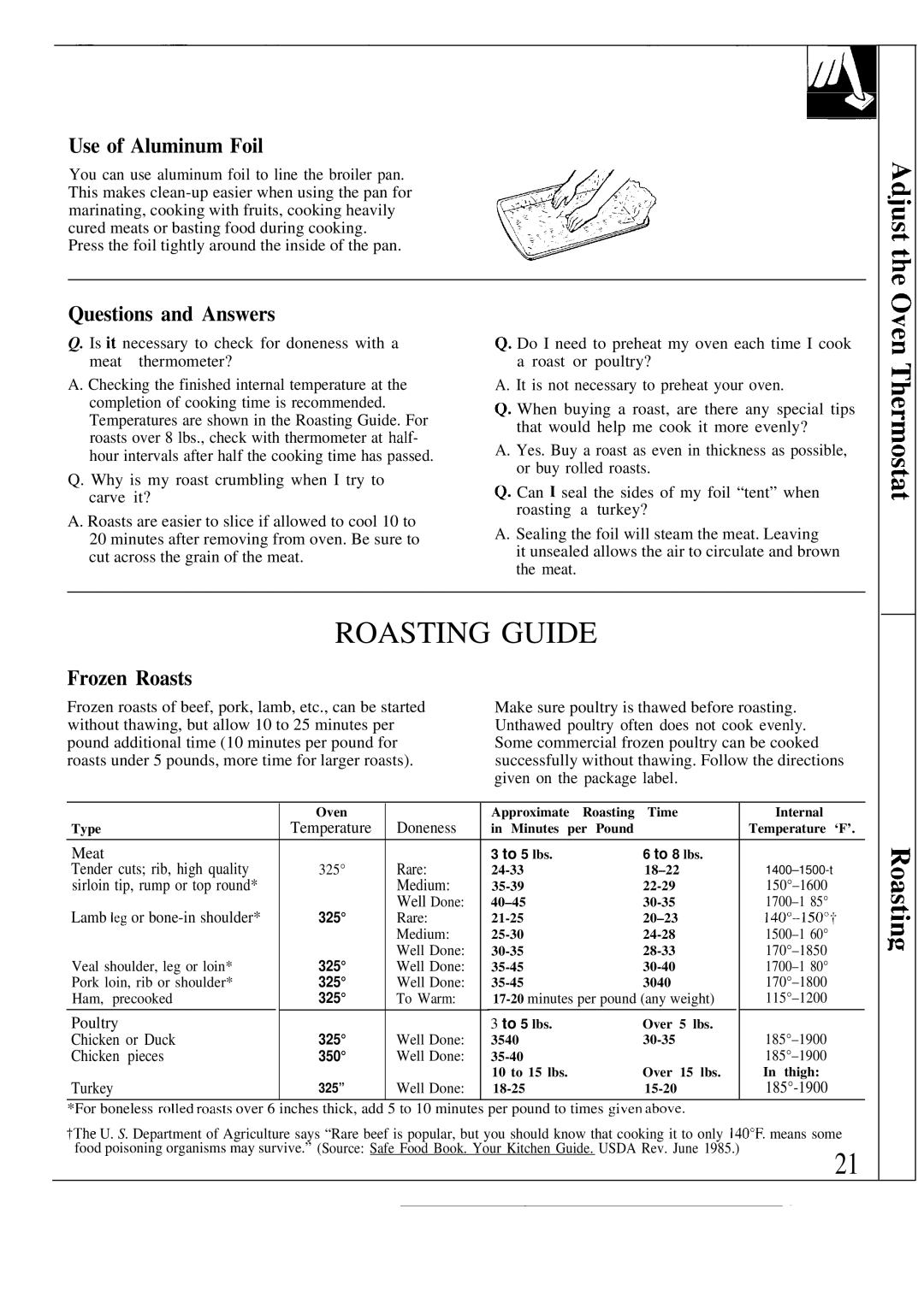 GE JBW3-4 warranty Roasting Guide, Use of Aluminum Foil, Frozen Roasts 