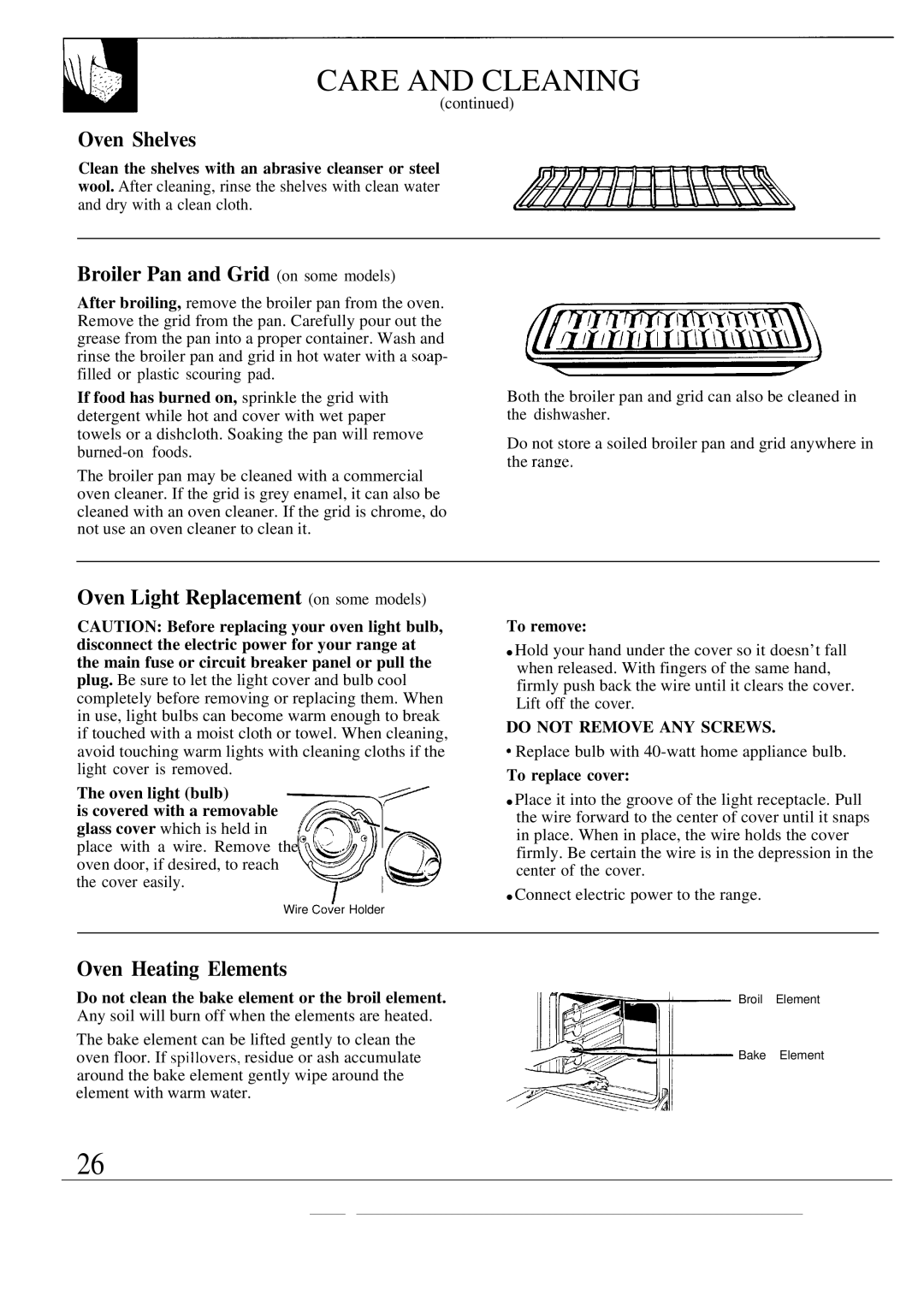 GE JBW3-4 warranty Broiler Pan and Grid on some models, Oven Light Replacement on some models, Oven Heating Elements 