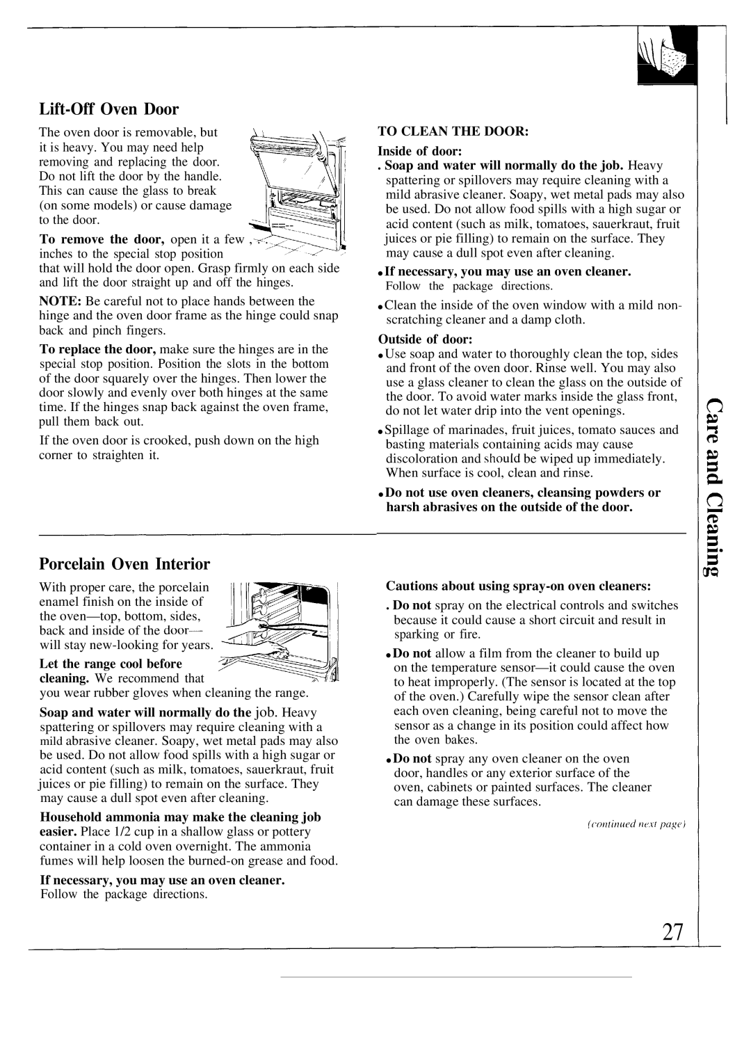 GE JBW3-4 Lift-Off Oven Door, Porcelain Oven Interior, If necessary, you may use an oven cleaner, Outside of door 