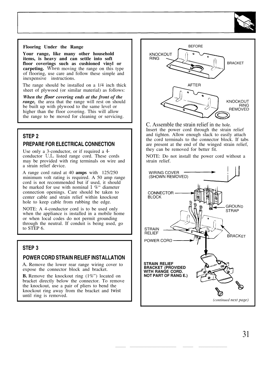 GE JBW3-4 warranty Step Prepare for Electrical Connection, Flooring Under the Range 