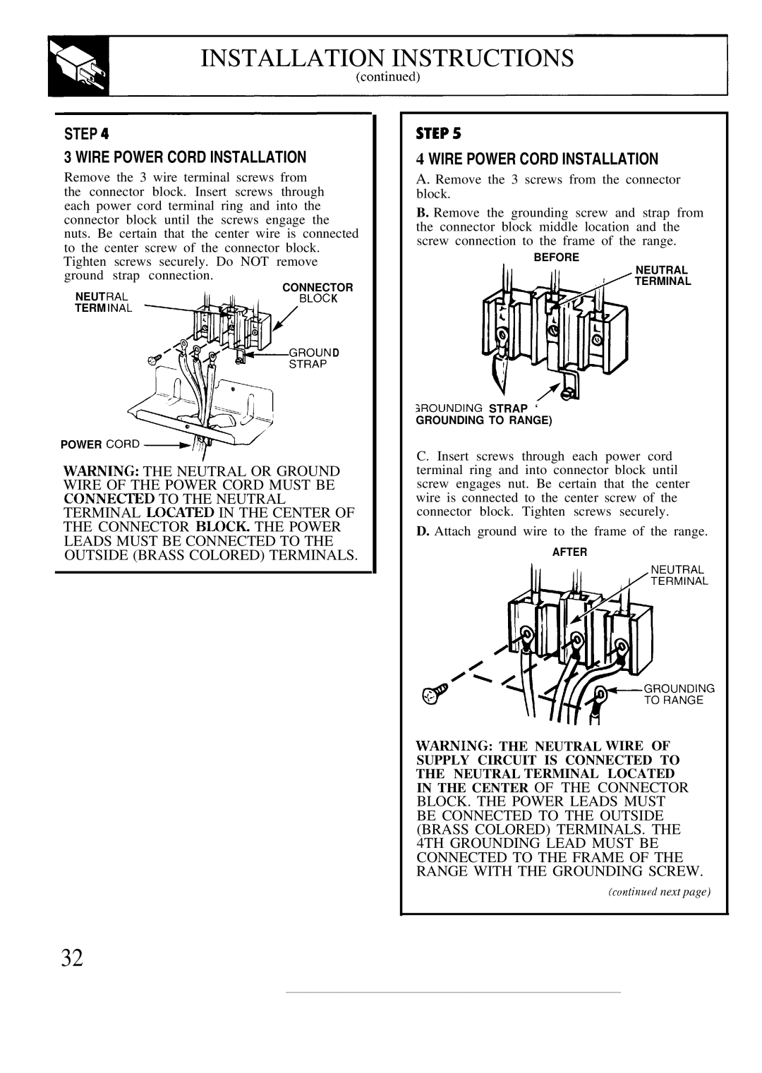 GE JBW3-4 warranty Installation Instructions, Step Wire Power Cord Installation 