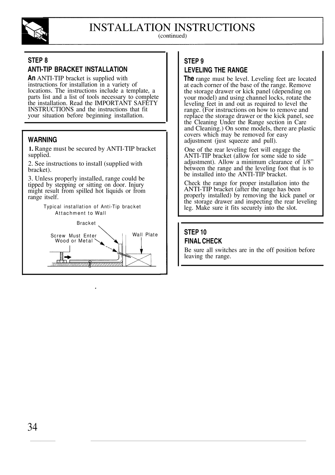 GE JBW3-4 warranty Step Final Check 