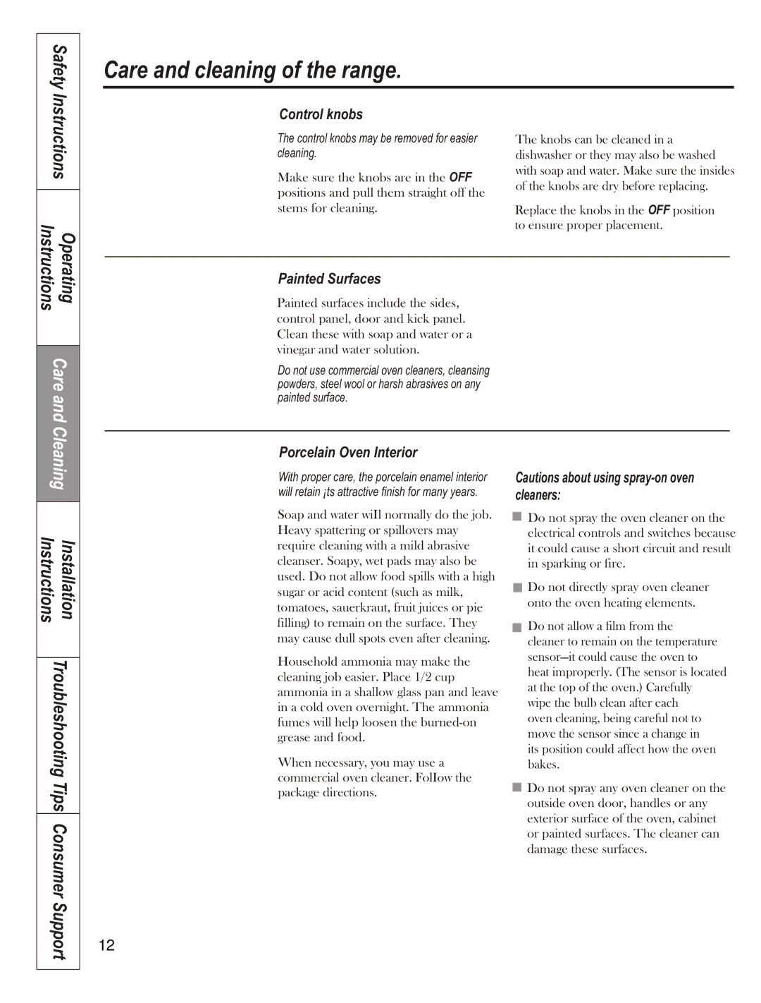 GE JCAS 730 manual Control knobs, Painted Surfaces, Porcelain Oven Interior 