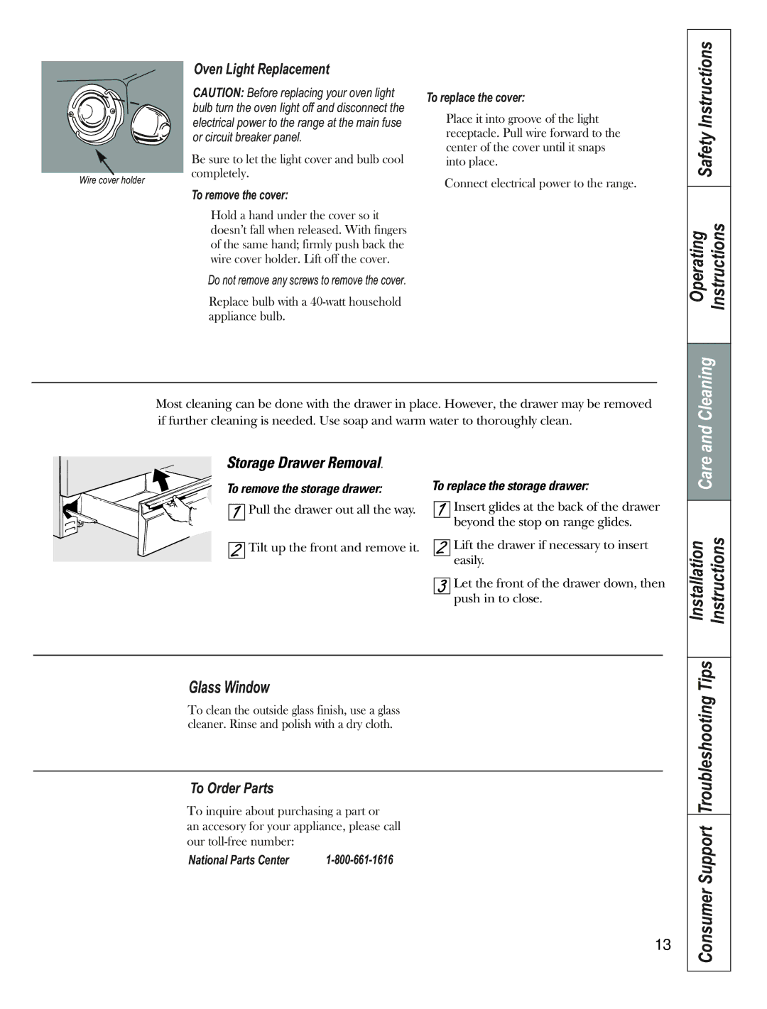 GE JCAS 730 manual Oven Light Replacement, To Order Parts, To remove the cover, To repIace the cover, National Parts Center 