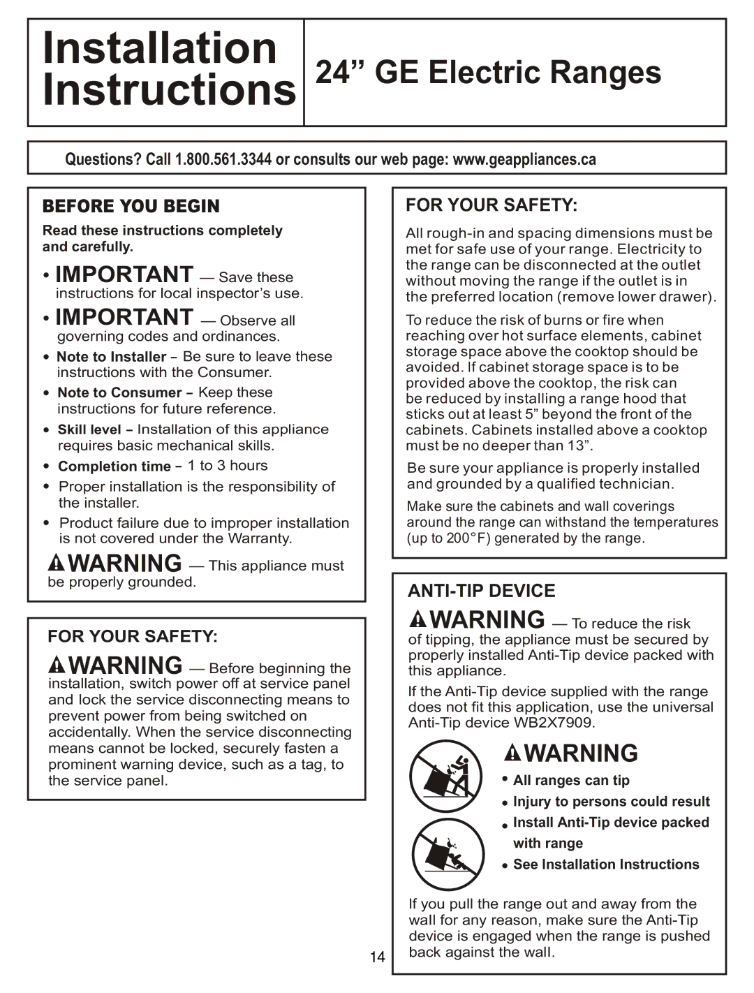 GE JCAS 730 manual InstaIlation Instructions 