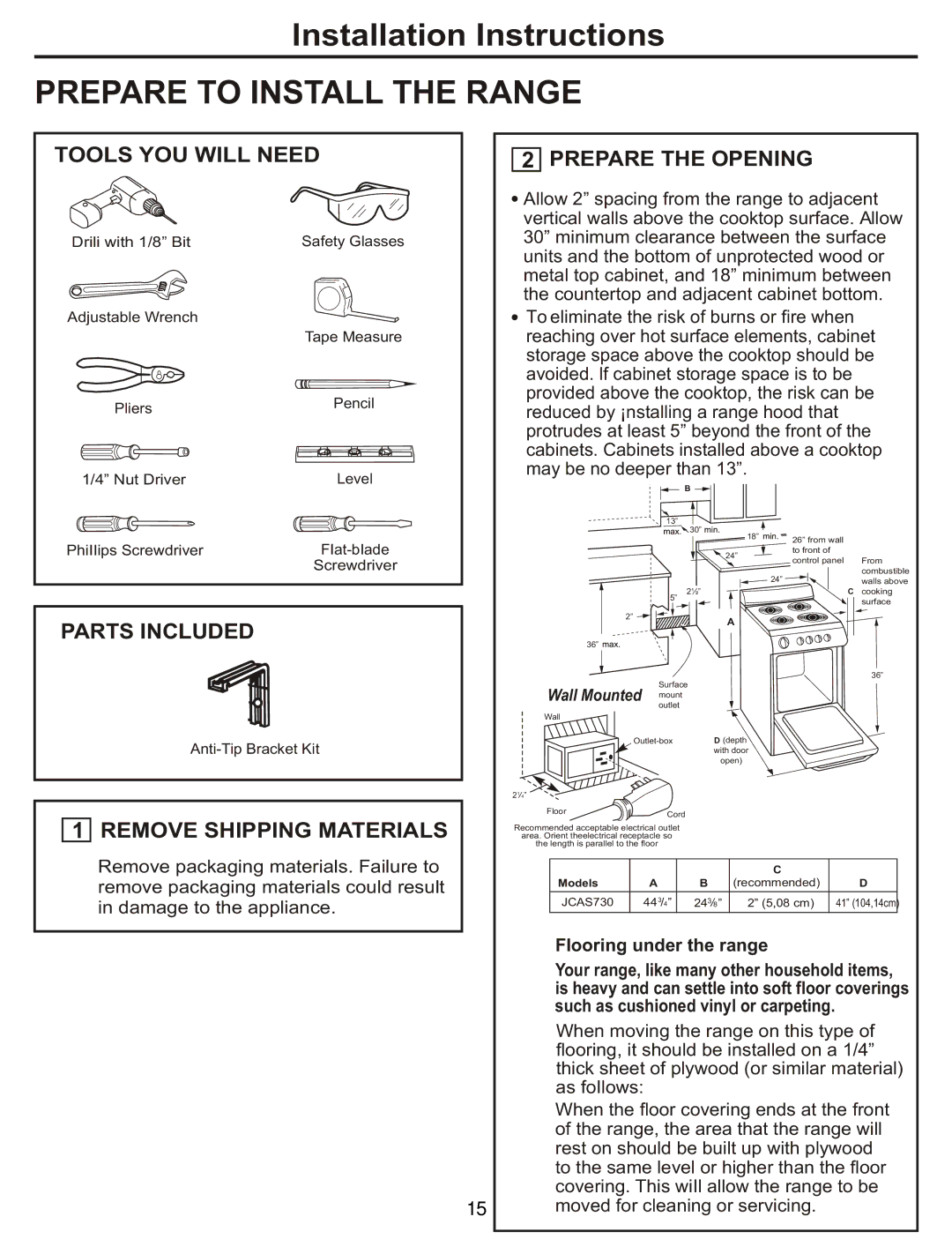 GE JCAS 730 manual Prepare to Install the Range 