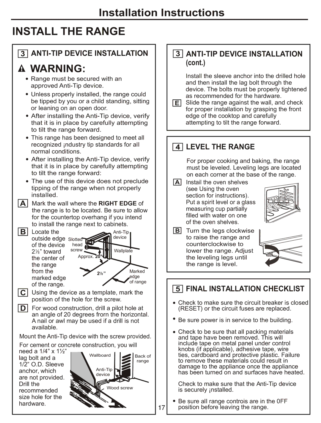 GE JCAS 730 manual Install the Range 