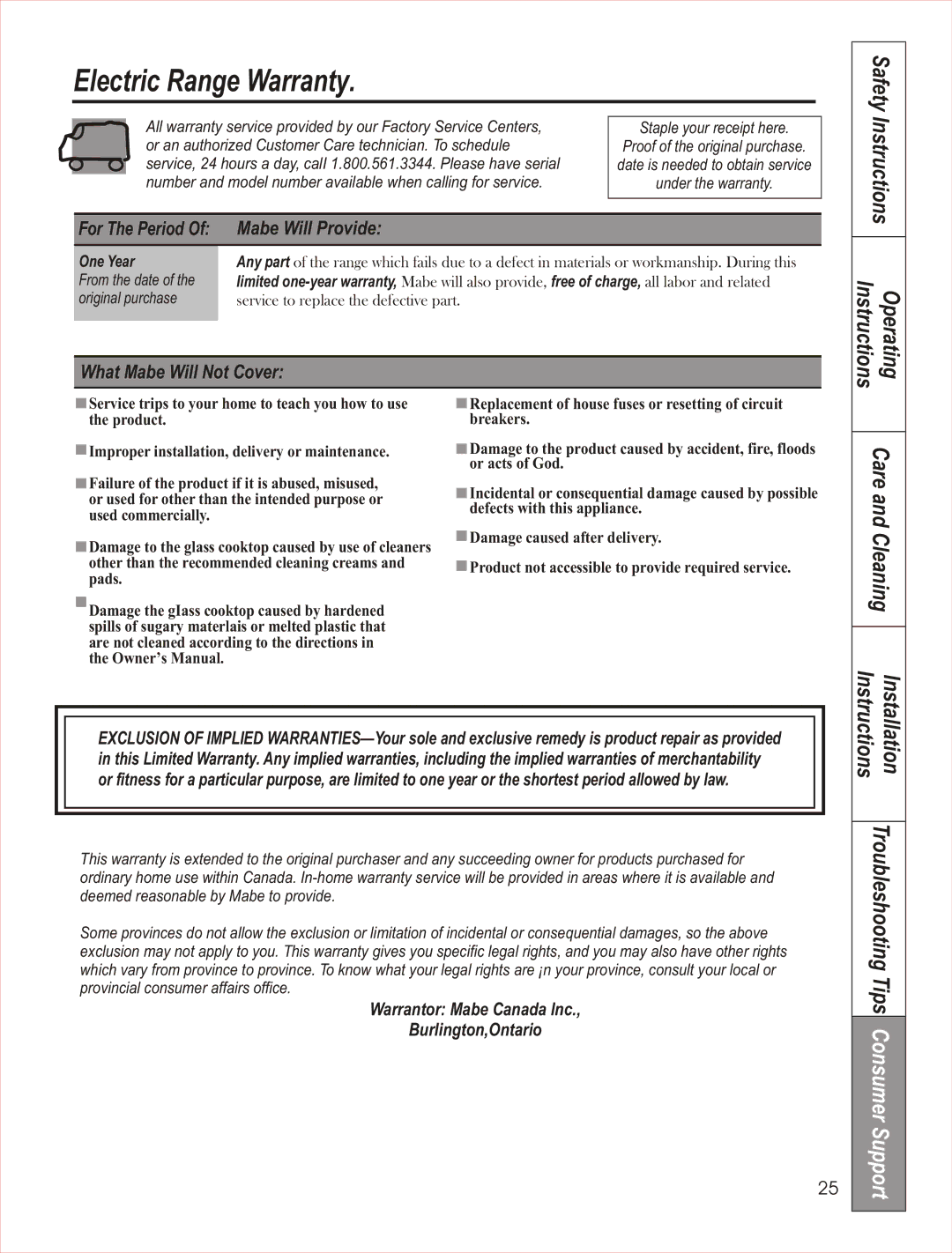 GE JCAS 730 Electric Range Warranty, Instructions Operating, For The Period Mabe Will Provide, What Mabe Will Not Cover 