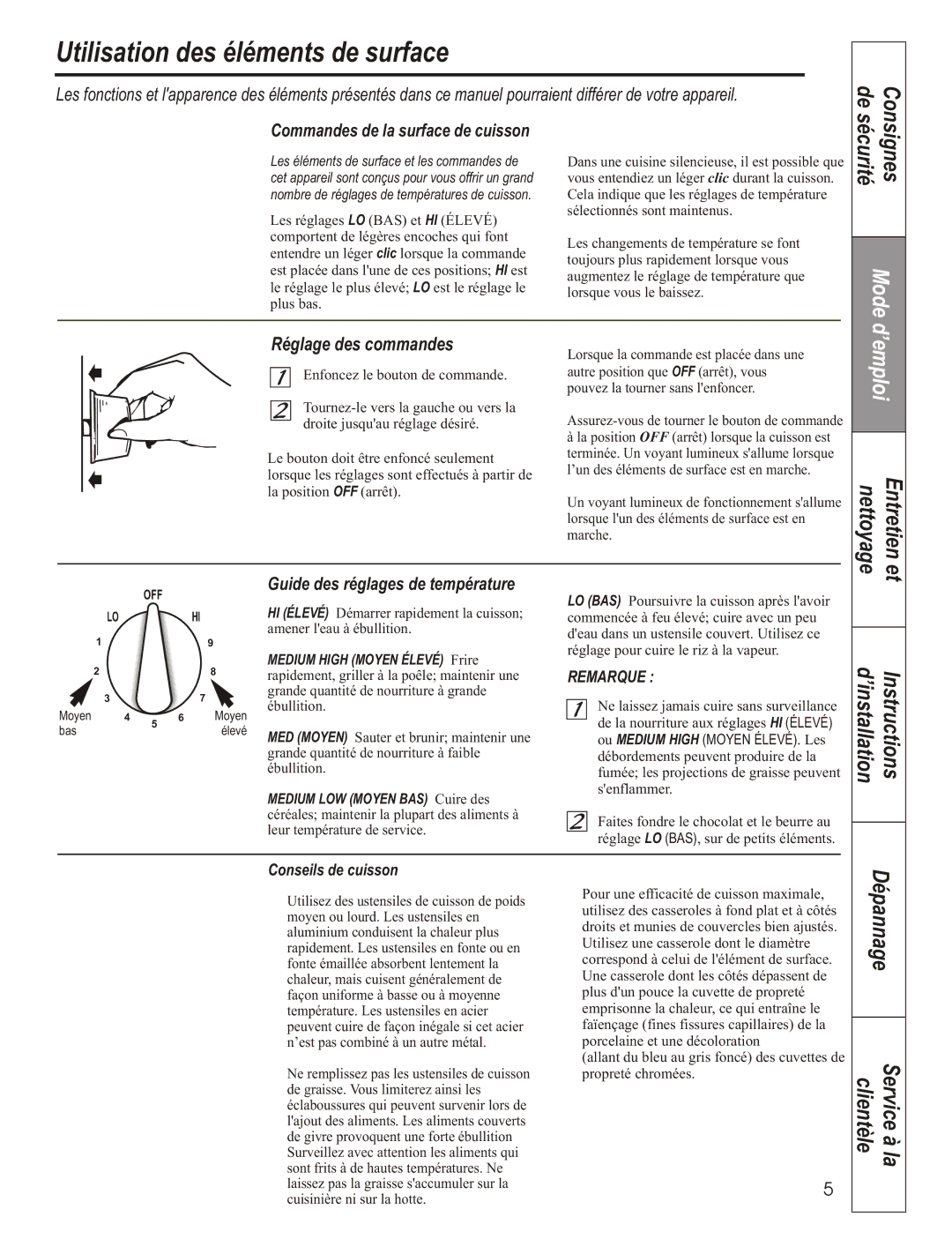 GE JCAS 730 manual ’installation Instructions Dépannage Service à la clientèle, Commandes de la surface de cuisson 