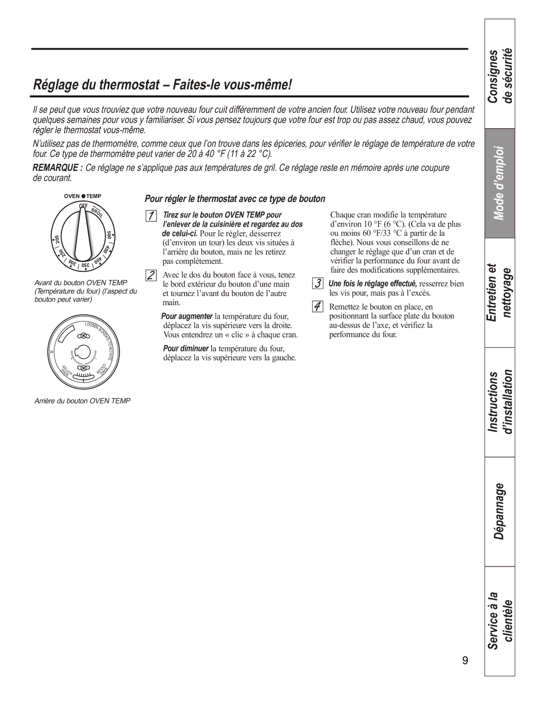 GE JCAS 730 manual Consignes de sécurité, Pour régler le thermostat avec ce type de bouton 