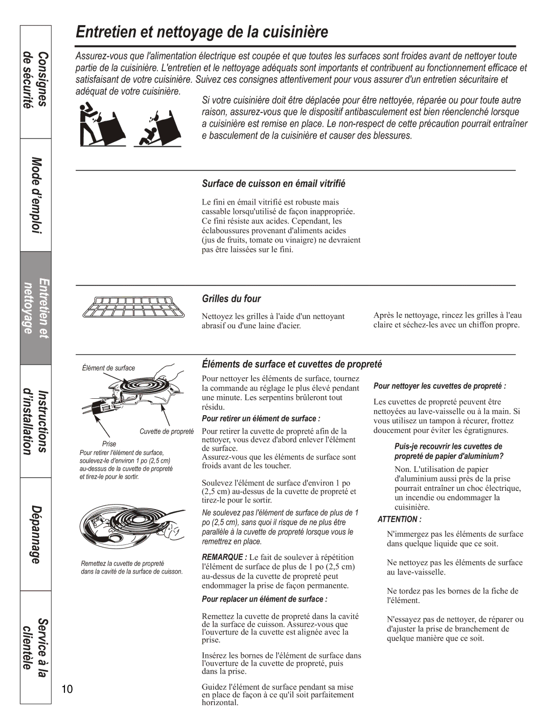 GE JCAS 730 manual Consignes de sécurité Mode d’emploi, Surface de cuisson en émail vitrifié 