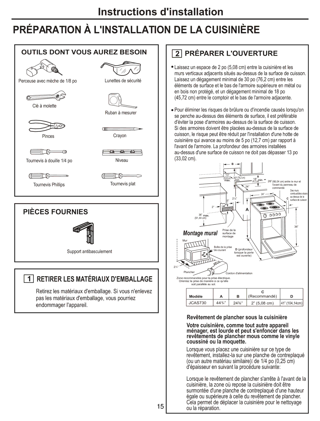 GE JCAS 730 manual Préparation À Linstallation DE LA Cuisinière 