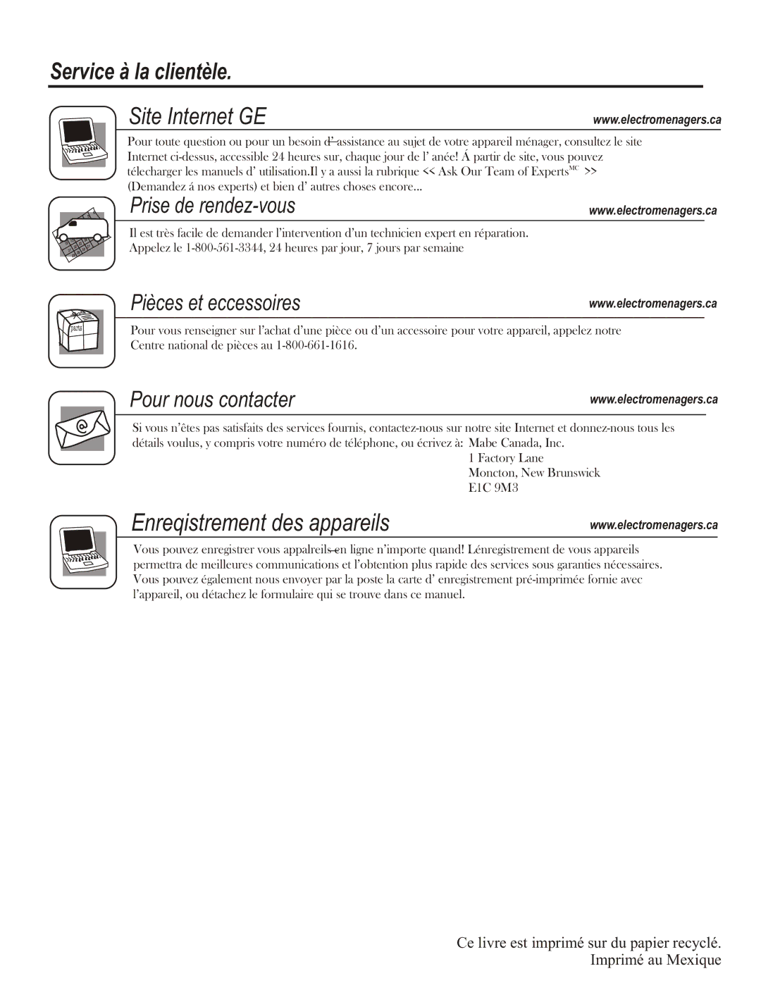 GE JCAS 730 manual Enreqistrement des appareils, Service à la clientèle Site Internet GE 