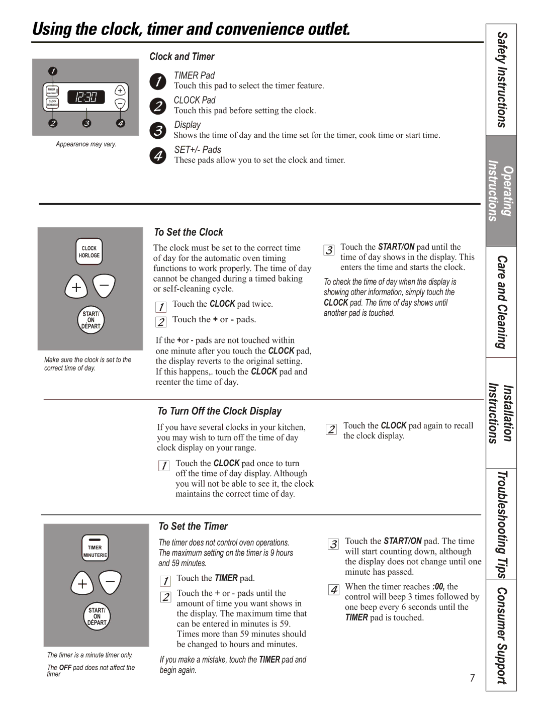 GE JCAS 730 manual Clock and Timer, To Set the Clock, To Turn Off the Clock Display, To Set the Timer 