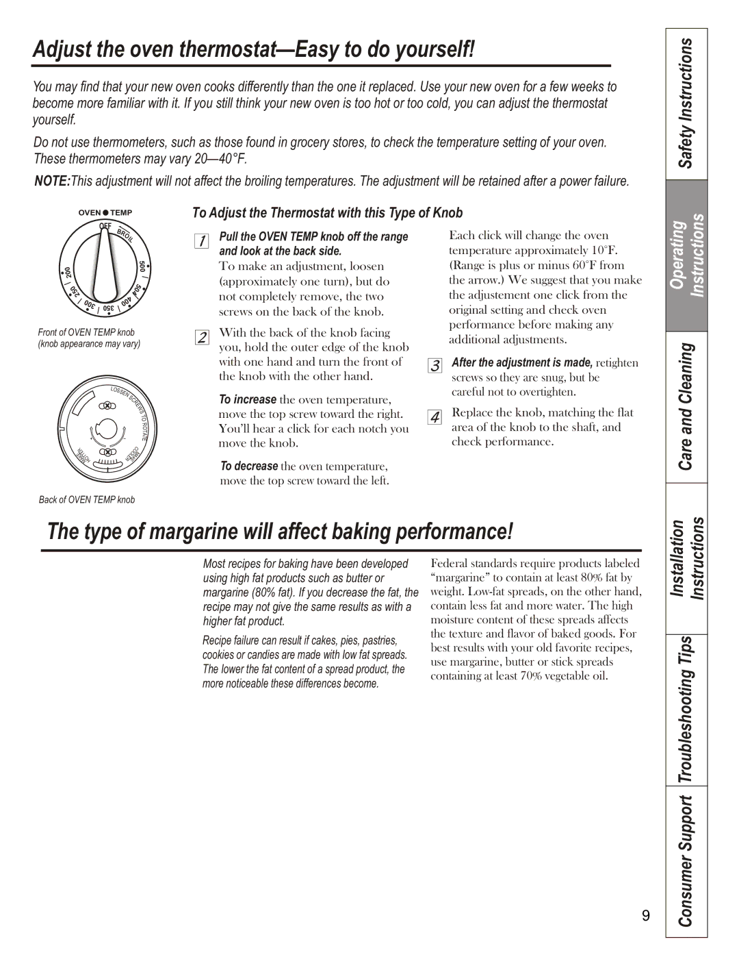 GE JCAS 730 manual Adjust the oven thermostat-Easy to do yourself, Safety Instructions 