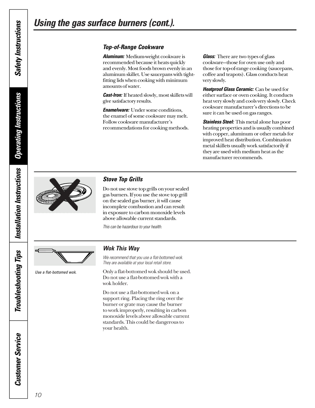 GE JCB920, JCB910 Troubleshooting Tips Installation Instructions, Top-of-Range Cookware, Stove Top Grills, Wok This Way 