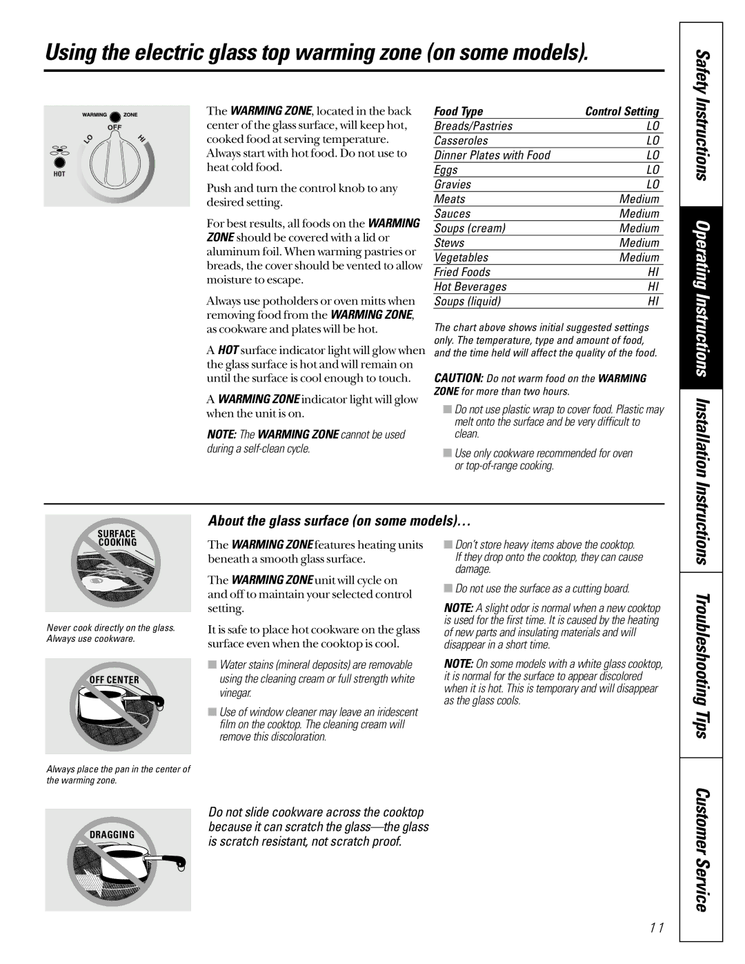 GE JCB910 Using the electric glass top warming zone on some models, Instructions Operating Instructions Installation 