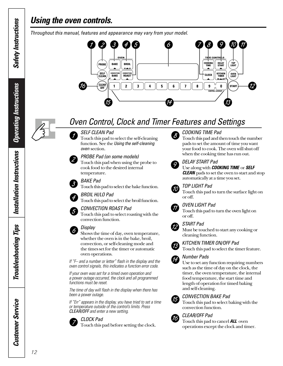 GE JCB920, JCB910 owner manual Using the oven controls, Oven Control, Clock and Timer Features and Settings 