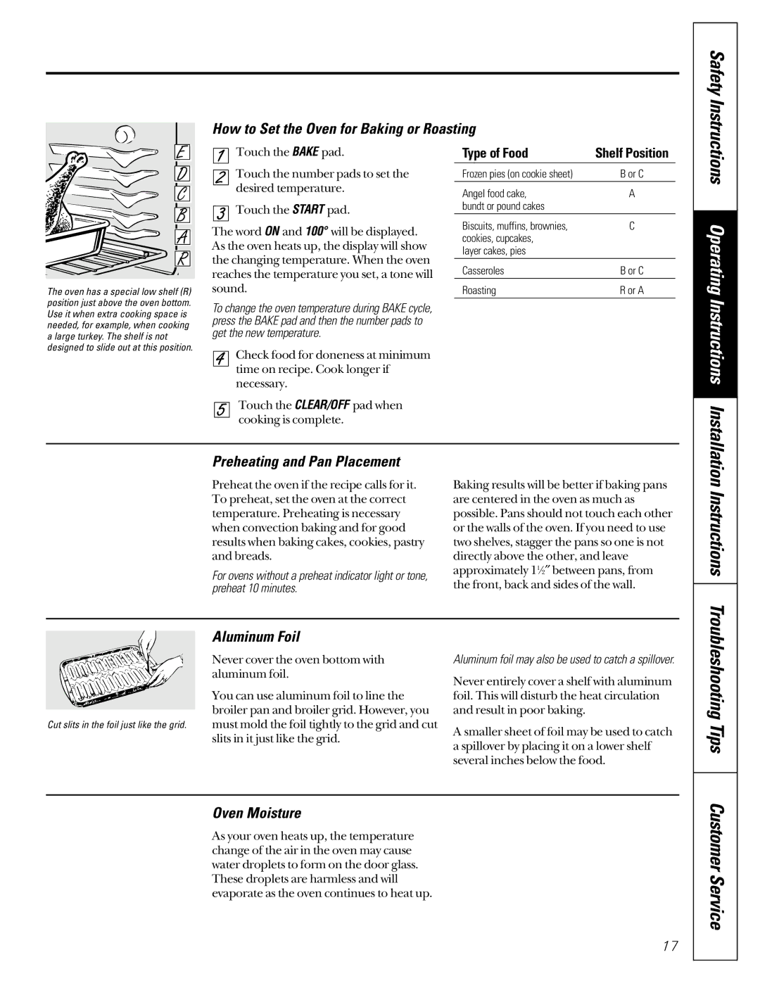 GE JCB910 Troubleshooting Tips, How to Set the Oven for Baking or Roasting, Preheating and Pan Placement, Aluminum Foil 